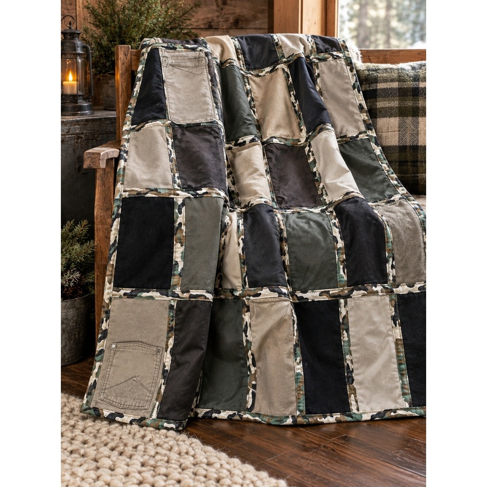 Handmade Upcycled Denim Patchwork Quilt 60x70 Camo Rustic Cabin Throw Blanket